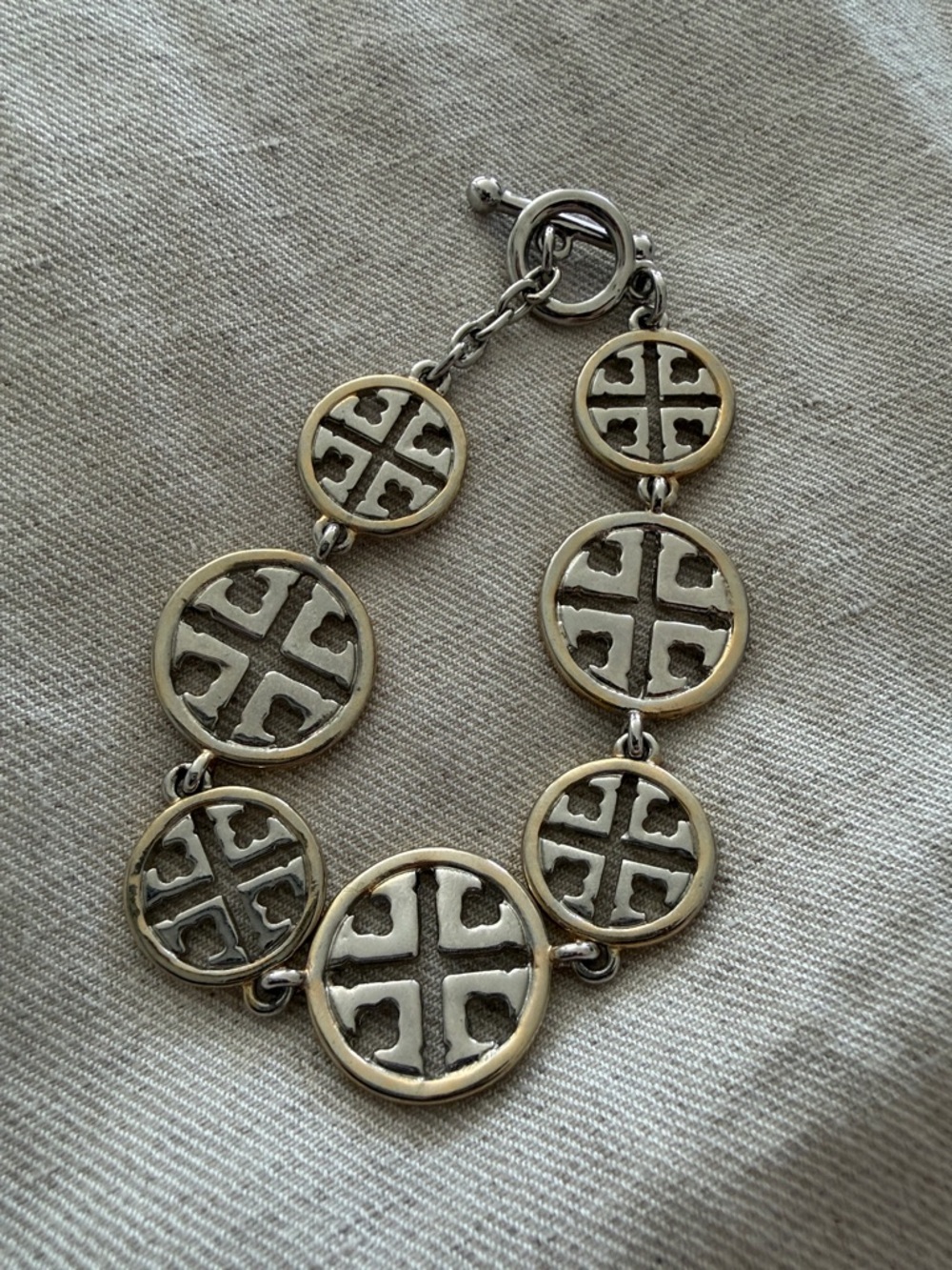 Gold/Silver Tone -Tory Burch costume jewelry 3 piece set. 2 bracelets/1 necklace - Picture 3 of 9